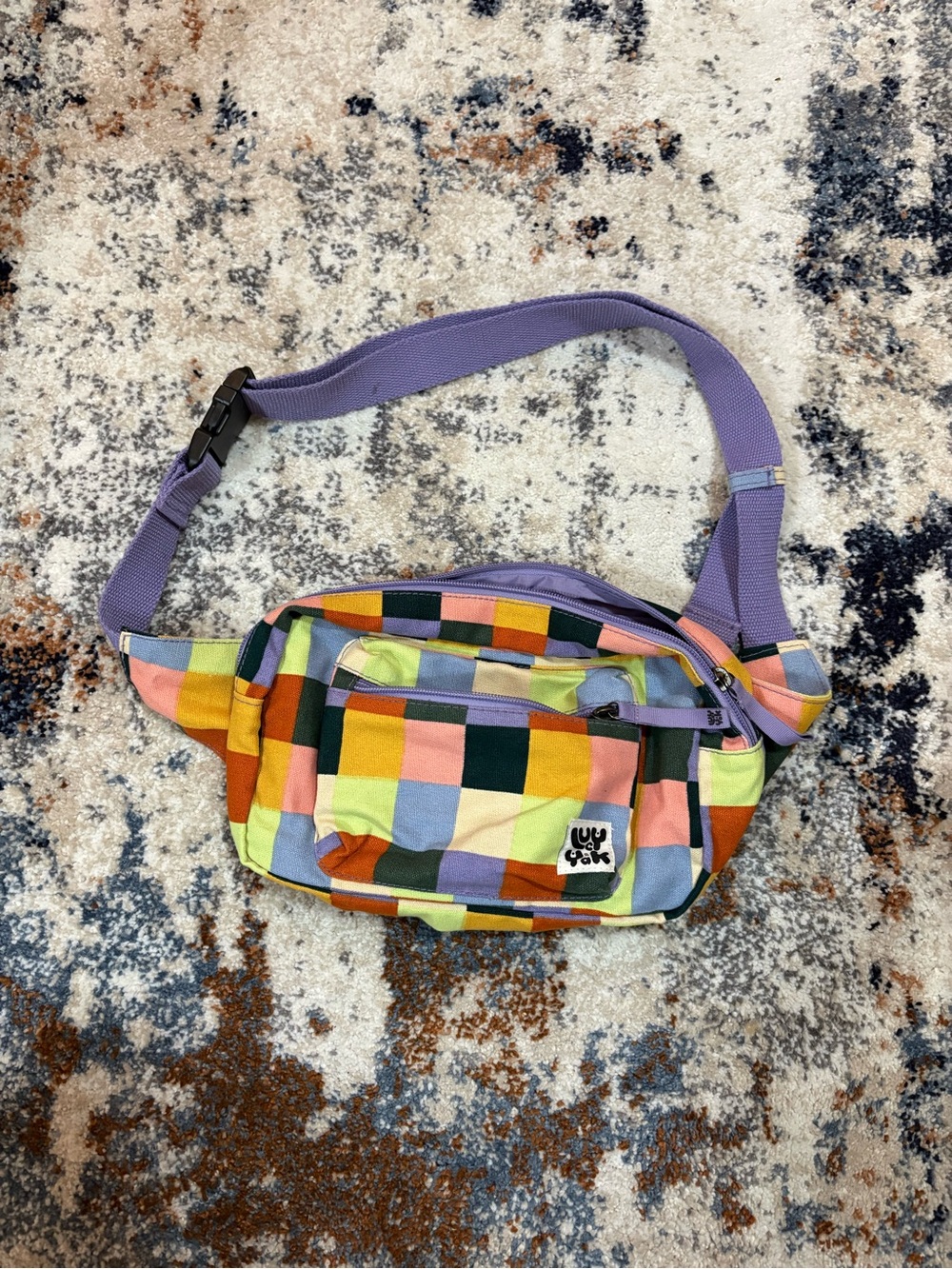 Lucy and Yak Multicolor Check Pattern Crossbody Belt Bag - Purple Strap